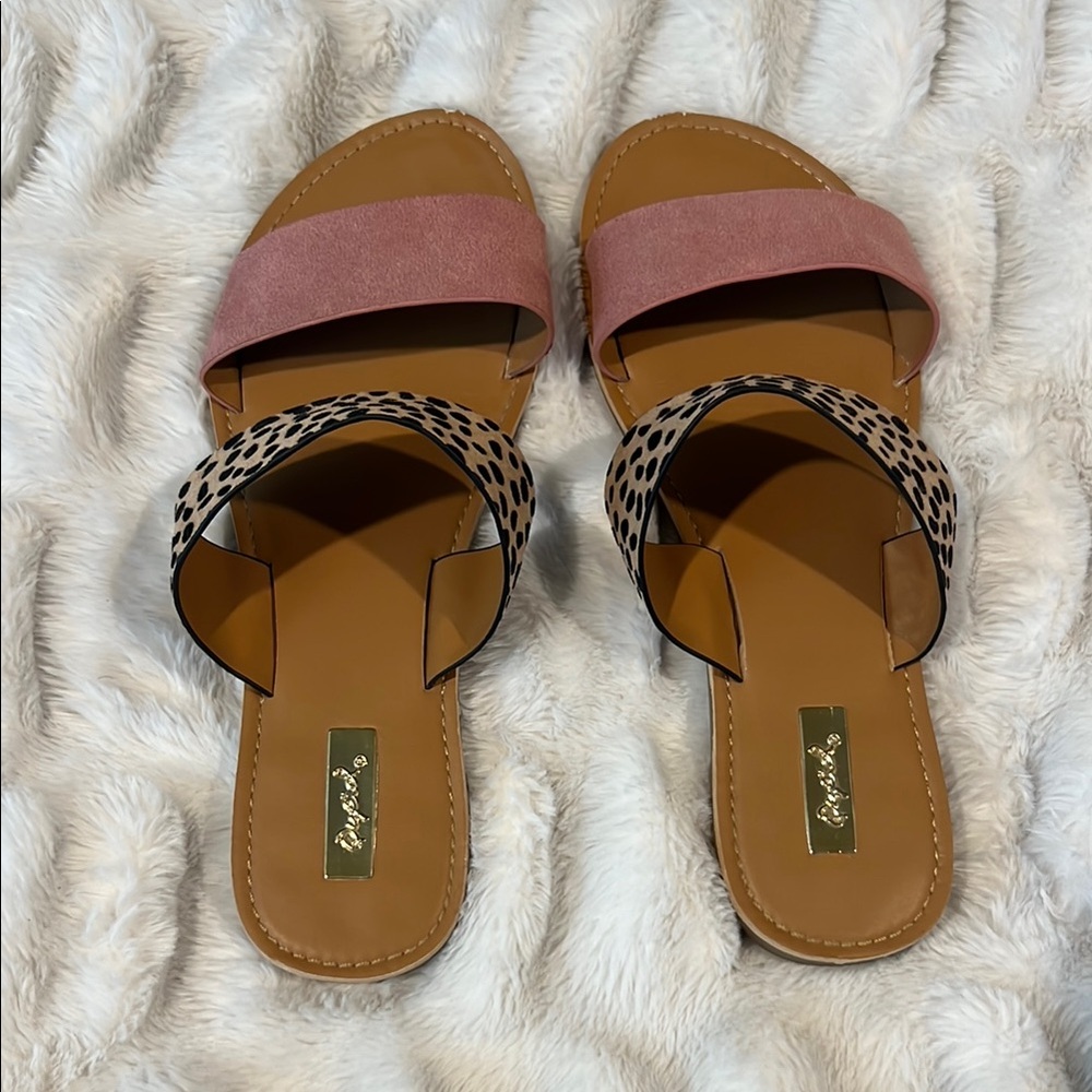 Qupid Pink and Black Slide Sandals